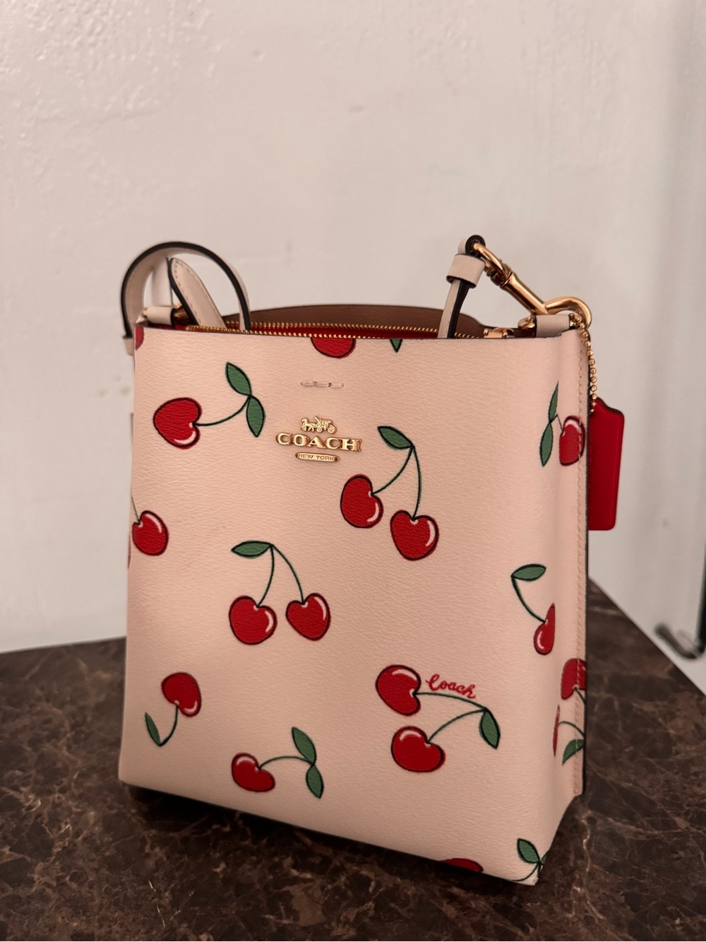 Coach Pink Cherry Print Crossbody Bag with Gold Hardware